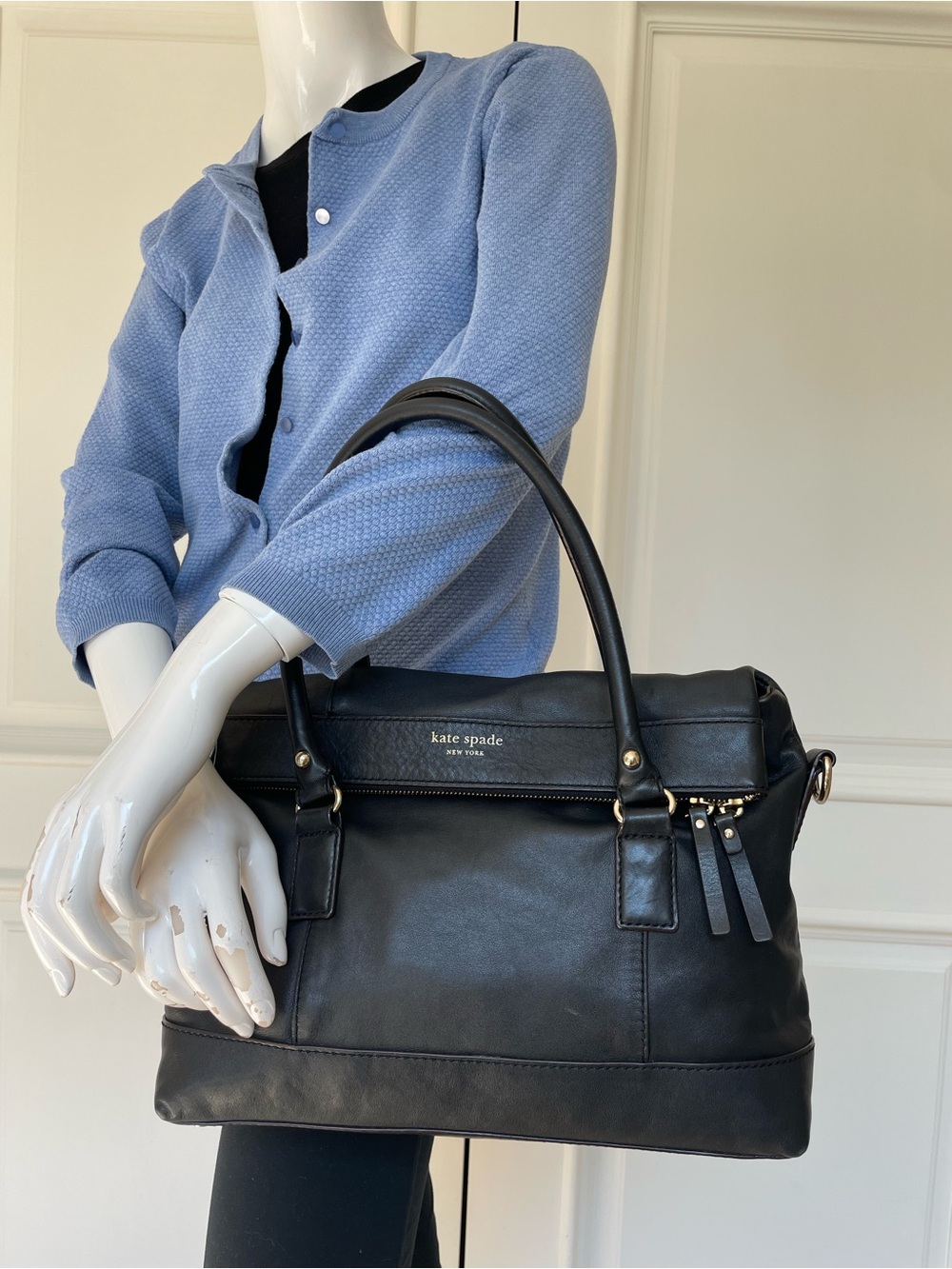 Kate Spade Black Leather Convertible Satchel Crossbody Bag